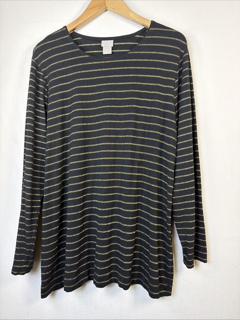 Chico’s 3 XL Touch Cool Lurex Stripe Traveler Top Black Gold Metallic Vacation